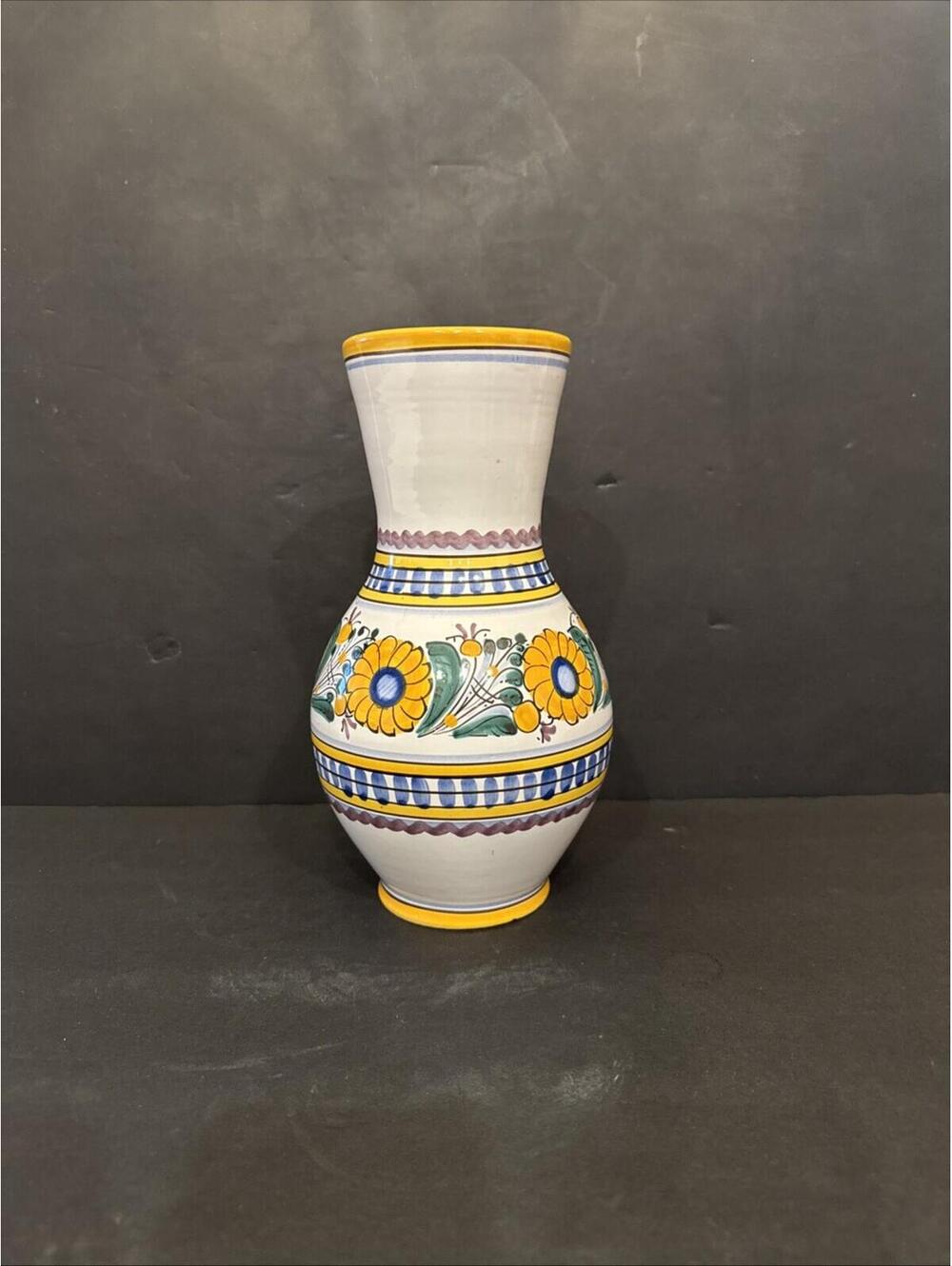 Czechoslovakian Modra Ceramic Pottery 9 ½” Floral Vase Yellow Blue Green Purple